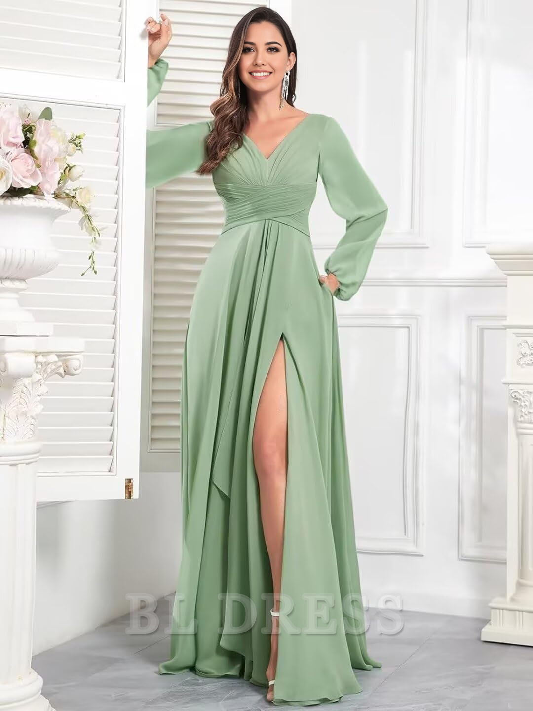 A-line V Neck Chiffon Sleeves Long Ruffle Formal formal dresses Bridesmaid Dresses evening gown Prom Dress