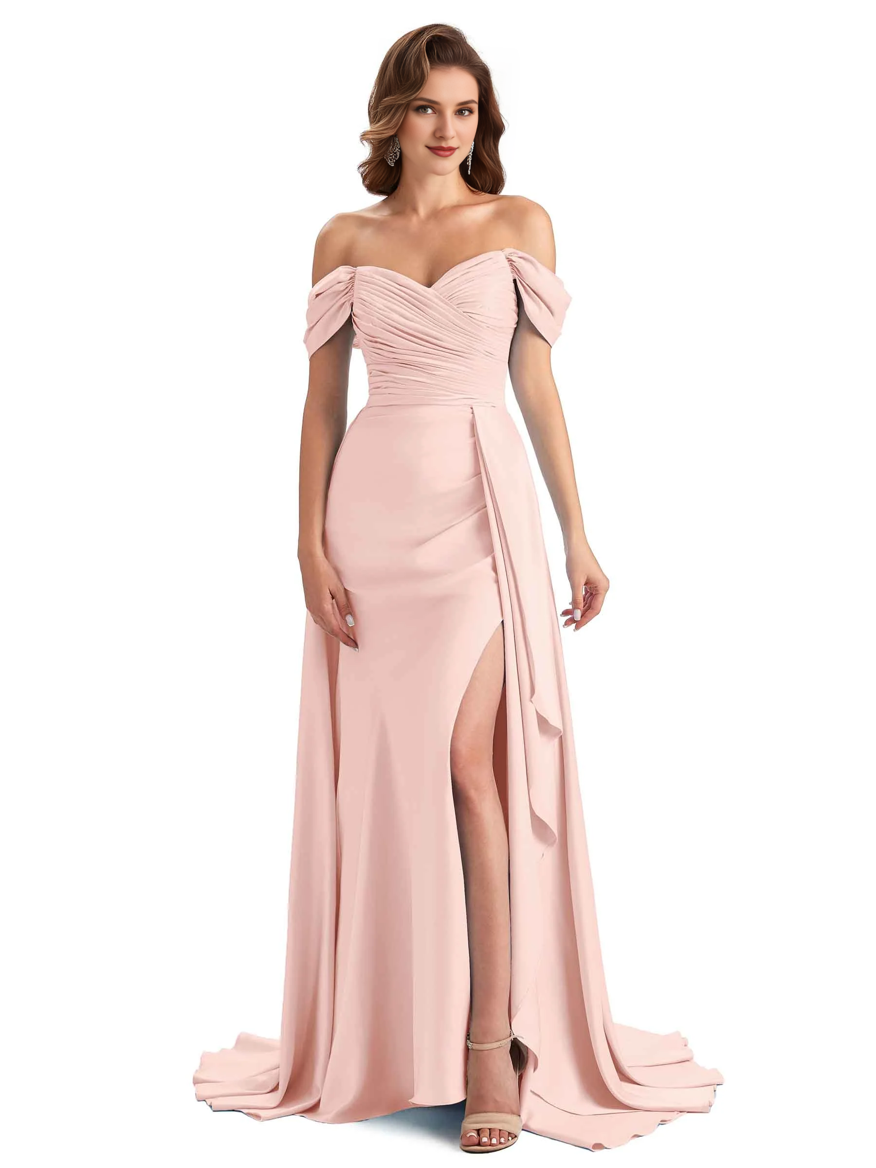 Sexy side slit mermaid soft satin off shoulder long unique bridesmaid dress
