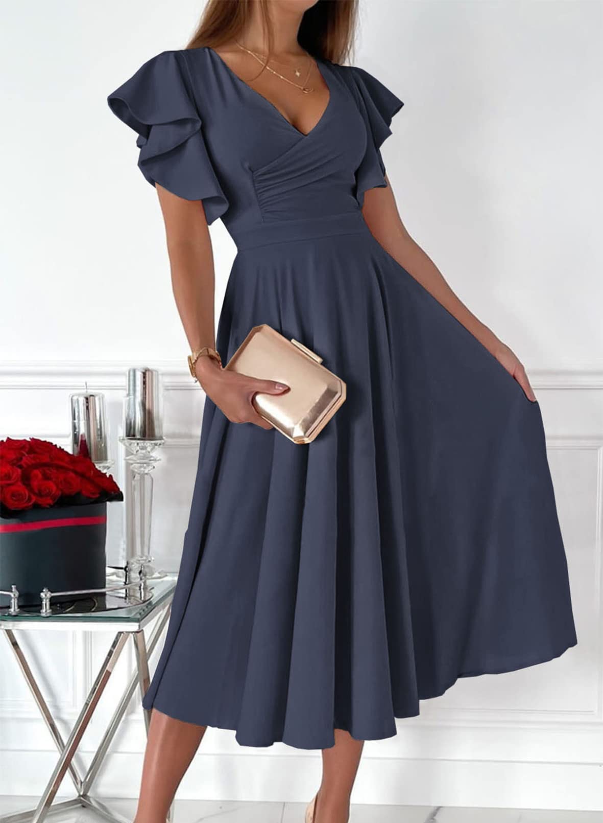 Elegant V Neck Short Sleeve formal dresses Bridesmaid Dresses evening gown Prom Dress