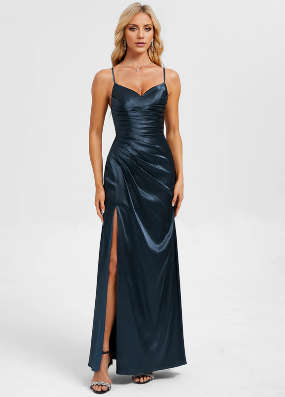 Bodycon straight V-neck floor-length pleated satin prom dress