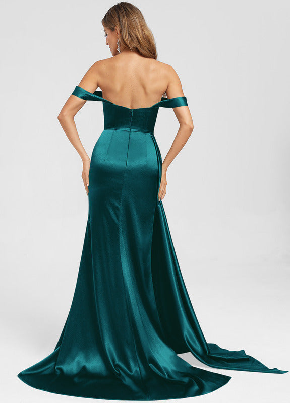 Trumpet fishtail off-shoulder swept train satin prom dress