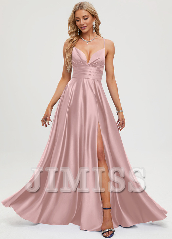 A-line V-neck pleated floor-length satin prom dress