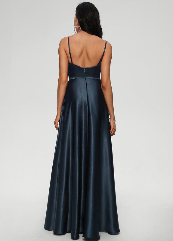 A-line draped floor-length satin prom dress