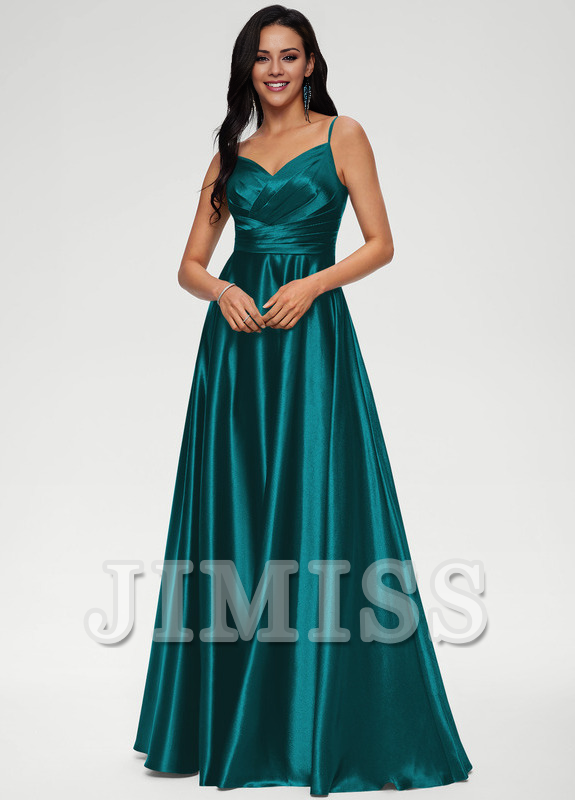 A-line V-neck floor-length satin prom dress