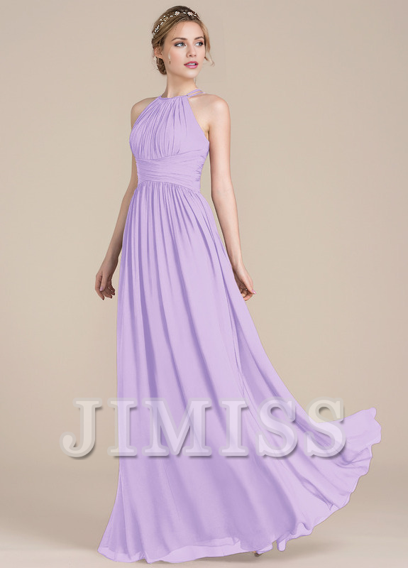 Ruffled A-line scoop neck floor-length chiffon prom dress