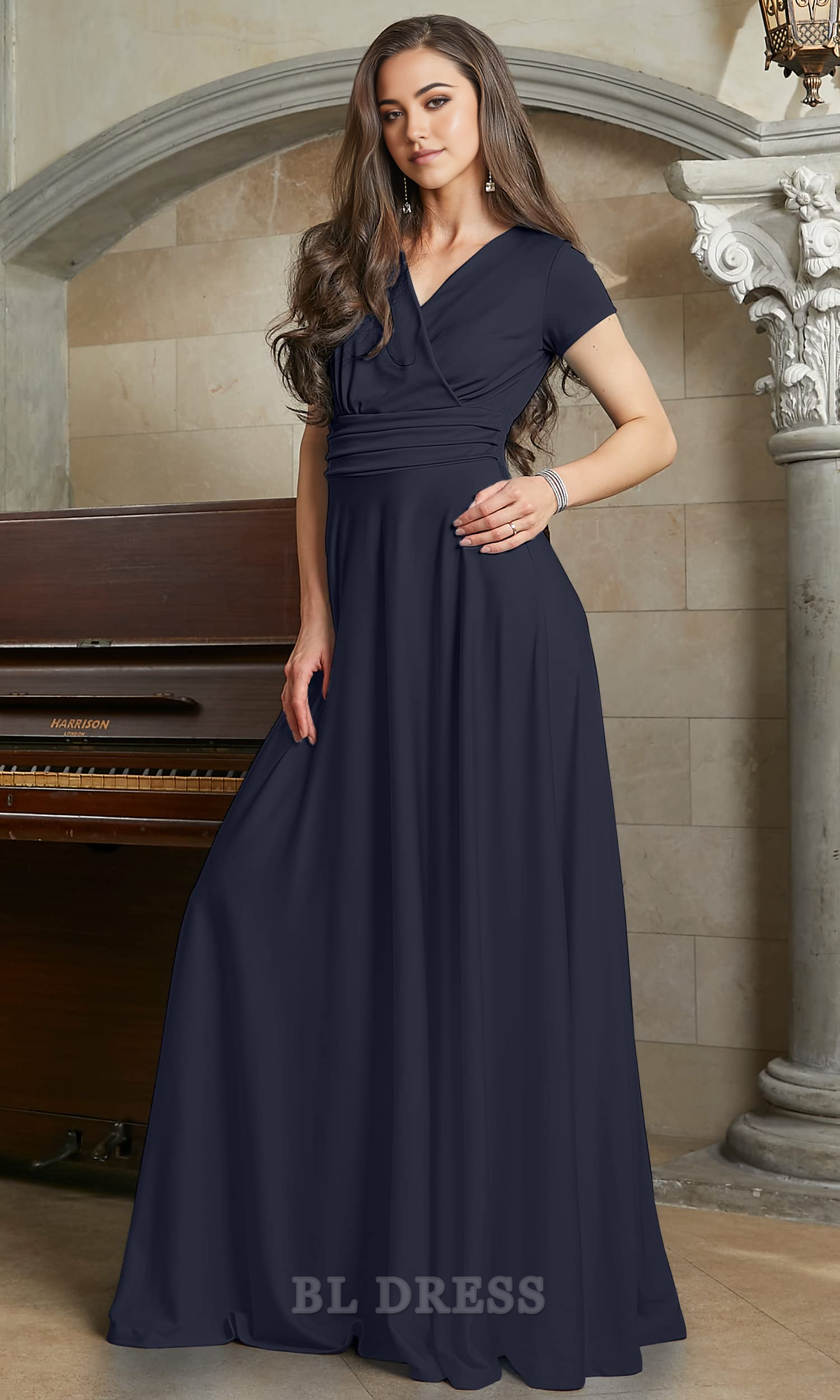 A-line V-Neck Sexy Cap Short Sleeve formal dresses evening gown Bridesmaid Dresses
