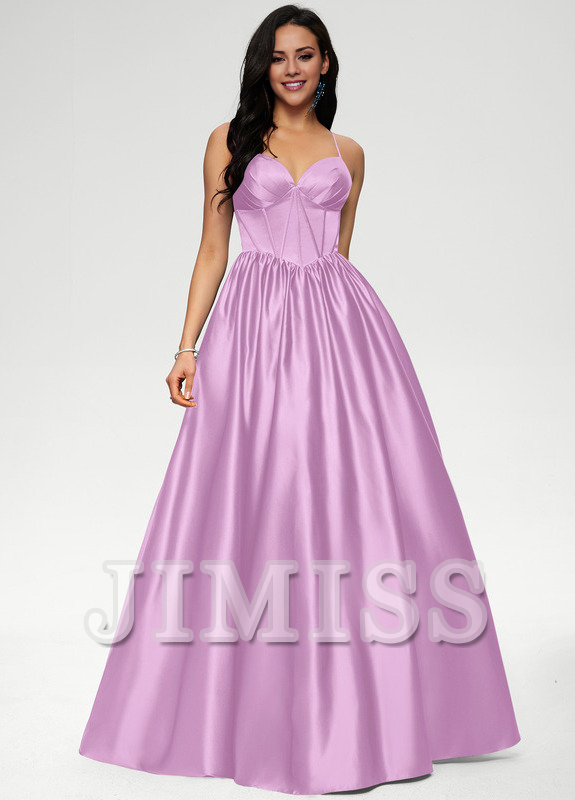 Ball-Gown/Princess V-neck pleated floor-length satin prom dress