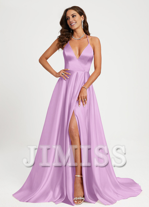 A-line V-neck floor-sweeping satin prom dress