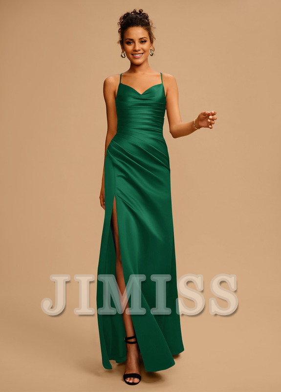 Bodycon/straight V-neck floor-length pleated satin prom dress