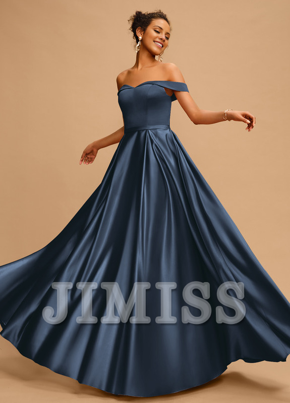 A-line off-the-shoulder floor-length satin prom dress