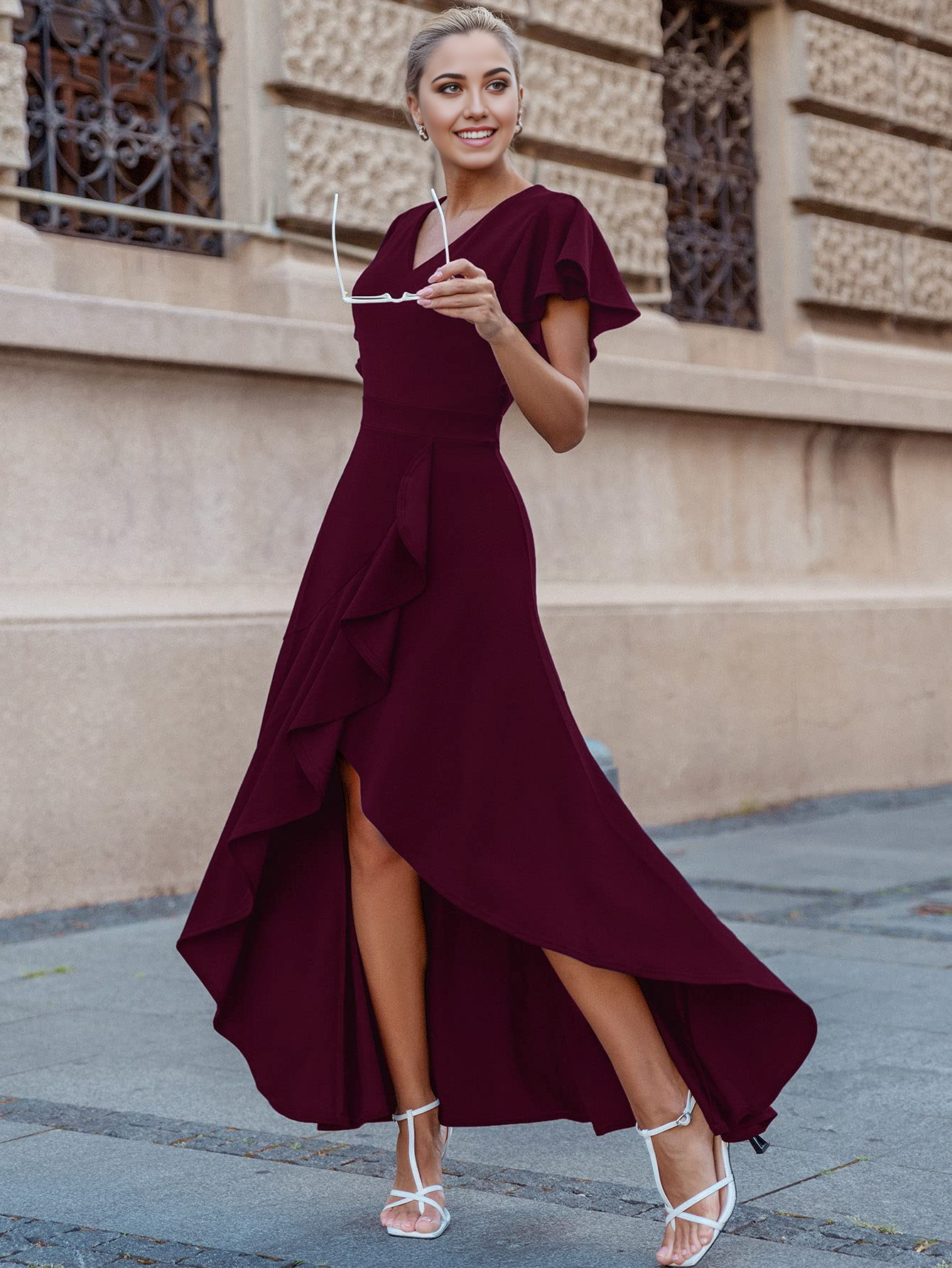 A-line V Neck Ruffle Split formal dresses Bridesmaid Dresses evening gown Prom Dress