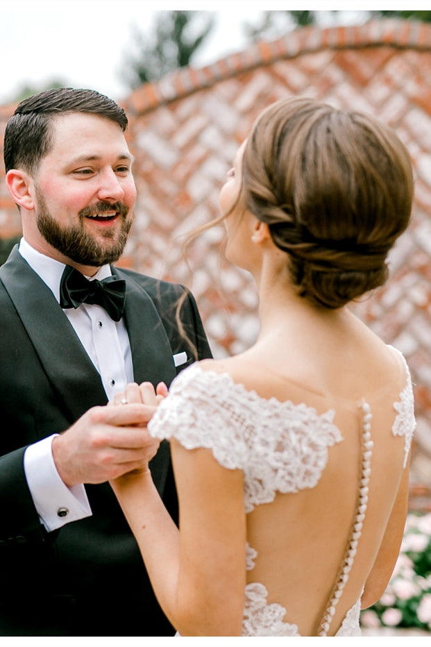 Elegant Sheer Back Cap Sleeves Ivory Wedding Dress