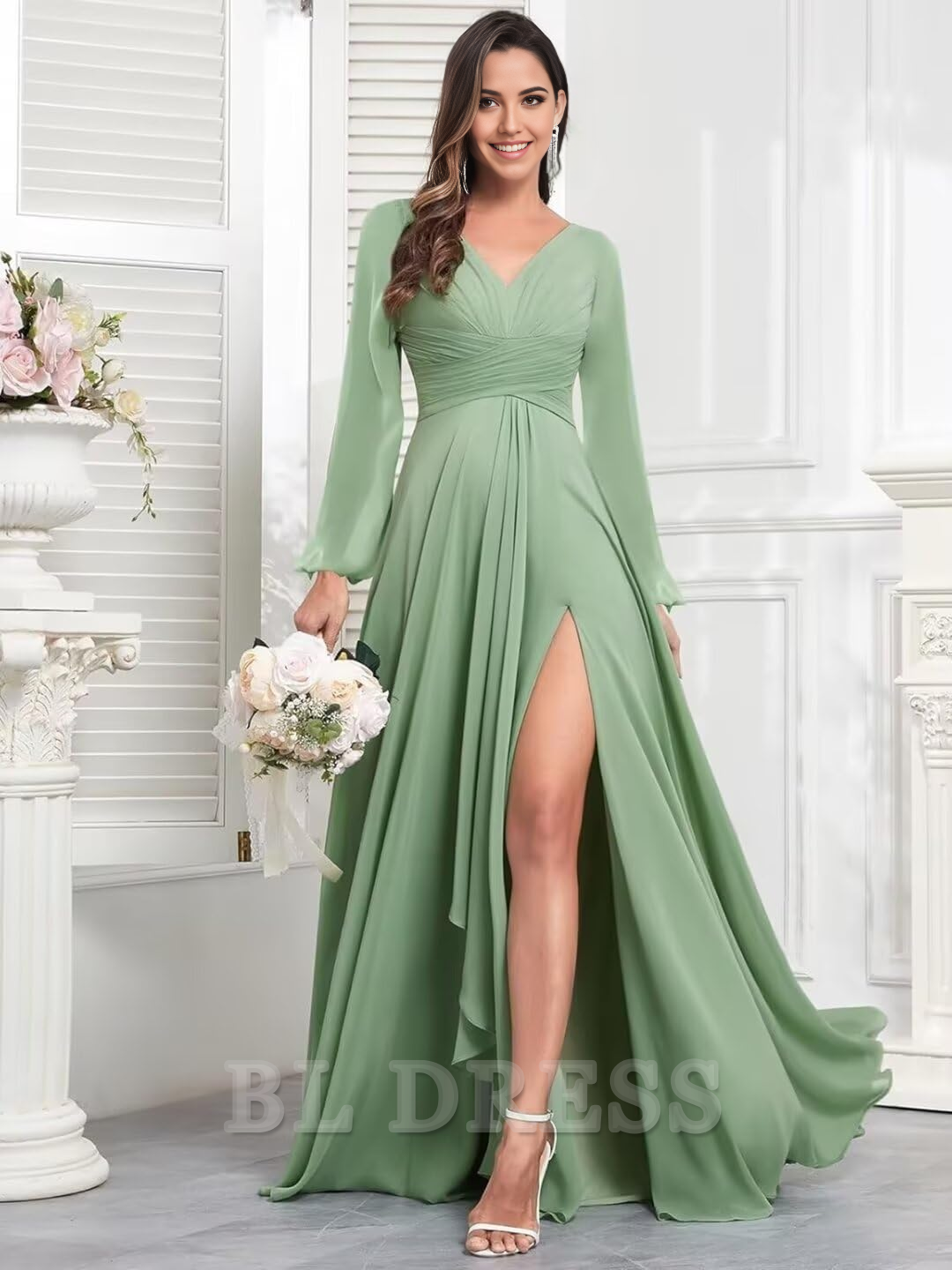A-line V Neck Chiffon Sleeves Long Ruffle Formal formal dresses Bridesmaid Dresses evening gown Prom Dress