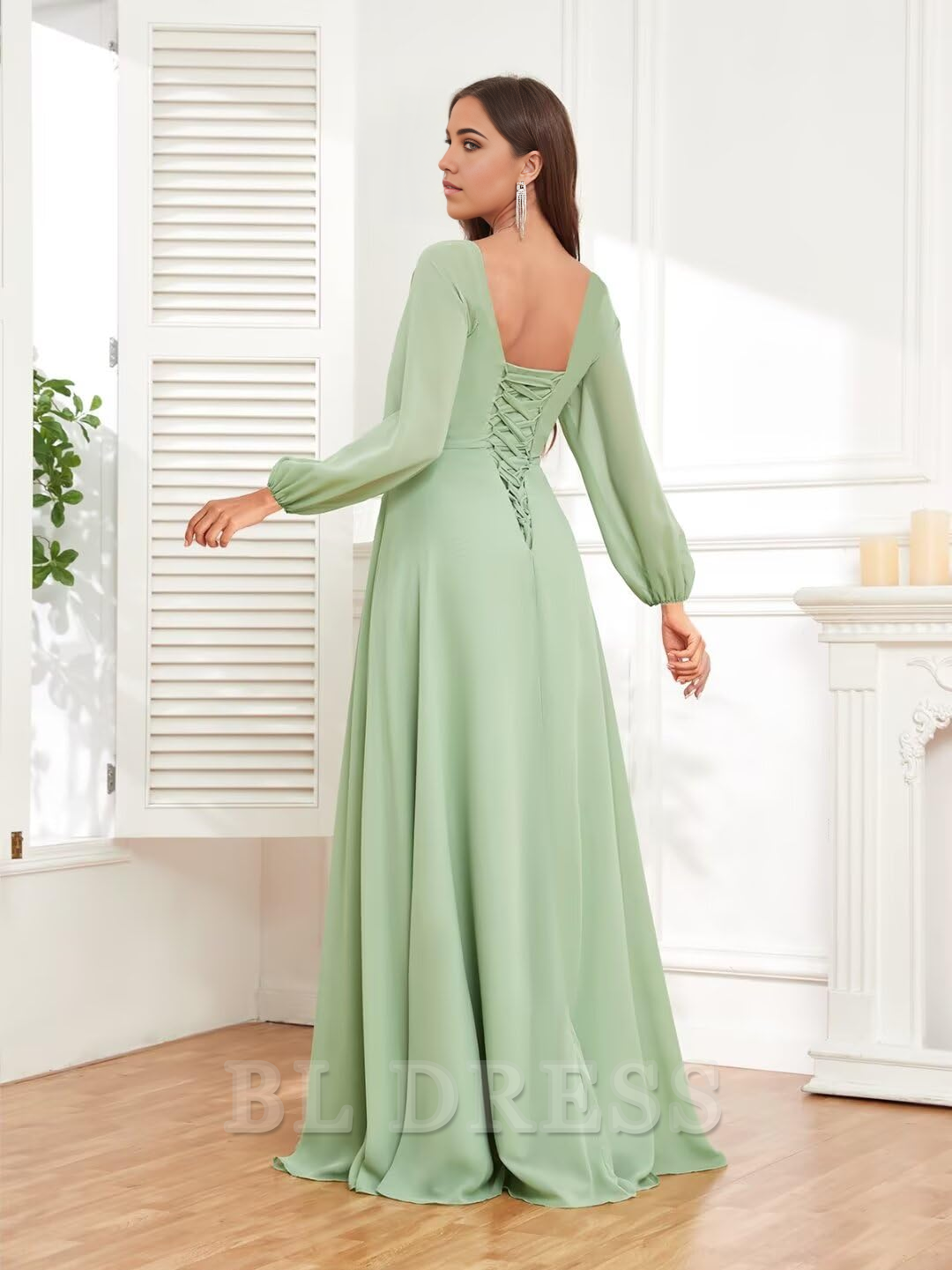 A-line V Neck Chiffon Sleeves Long Ruffle Formal formal dresses Bridesmaid Dresses evening gown Prom Dress