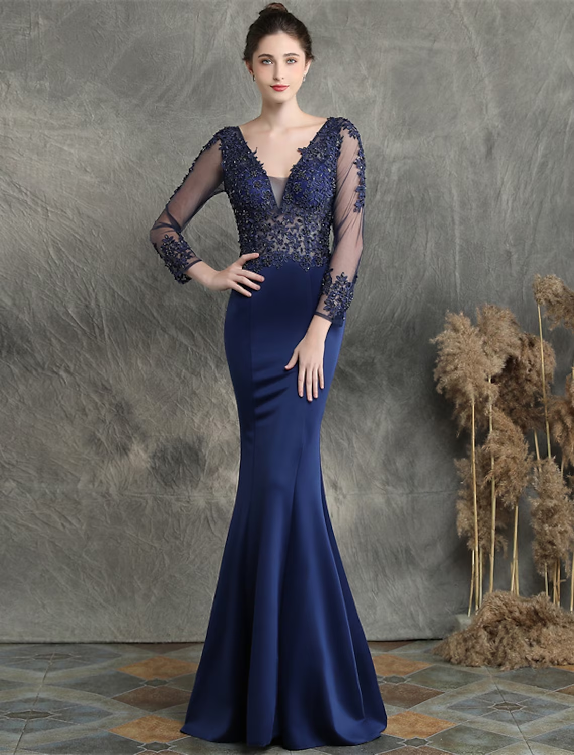 Prom Dresses Elegant Dress Formal Long Sleeve V Neck Cotton Blend with Beading Appliques