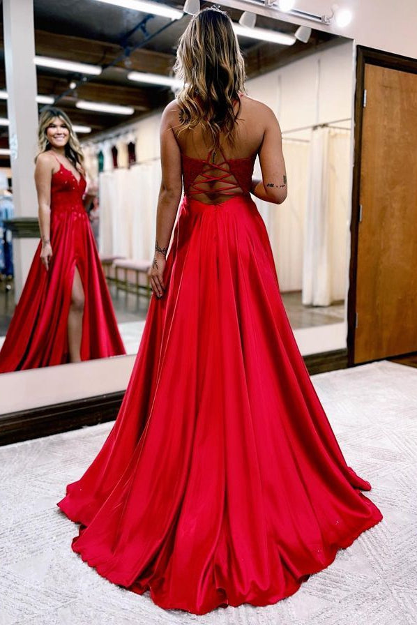 2024 Straps Satin Prom Dresses Long with Lace Top and Slit