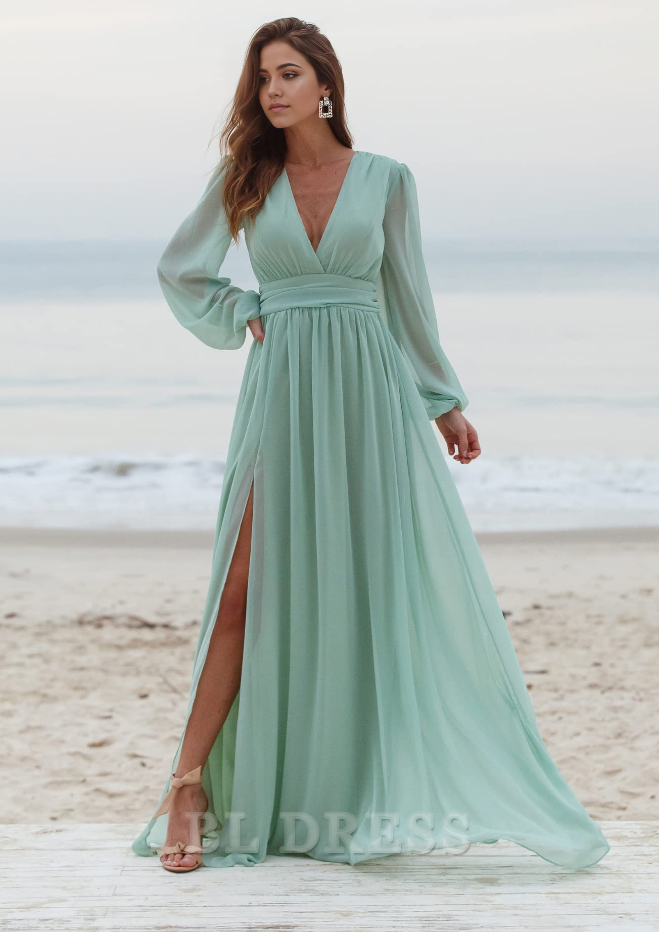A-line V-Neck Long Sleeve Pleated formal dresses Bridesmaid Dresses evening gown Prom Dress With Slit