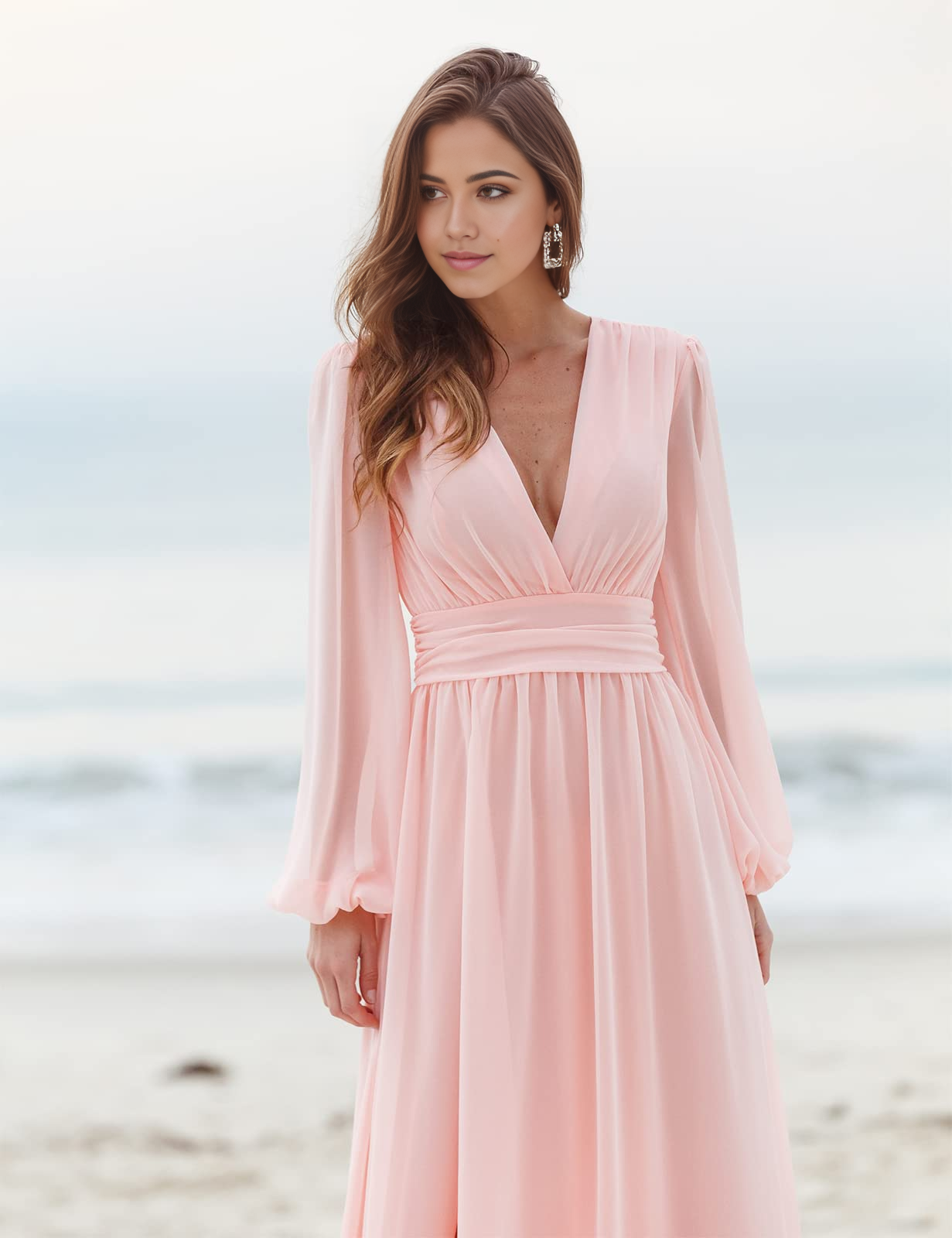 A-line V-Neck Long Sleeve Pleated formal dresses Bridesmaid Dresses evening gown Prom Dress With Slit