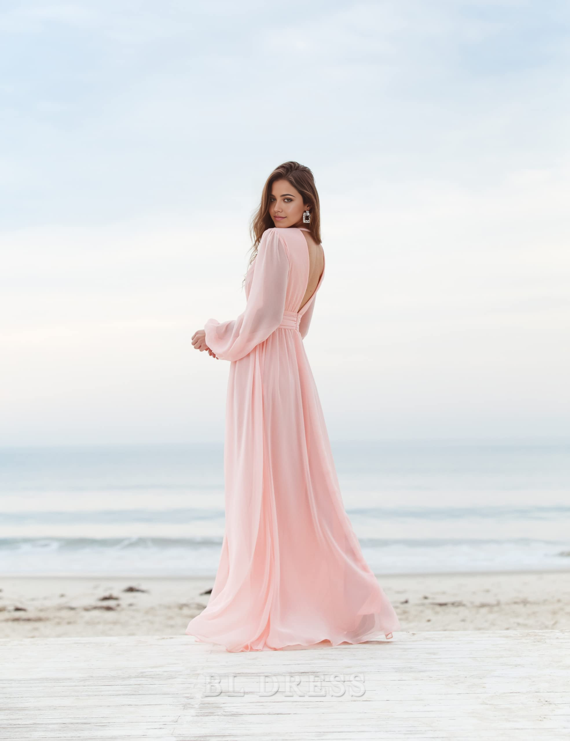 A-line V-Neck Long Sleeve Pleated formal dresses Bridesmaid Dresses evening gown Prom Dress With Slit