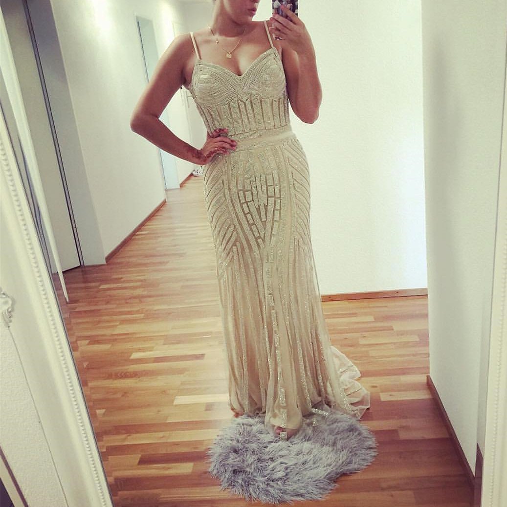 unique Golden Stripe Beading V Neck Long Mermaid Prom Evening Dresses
