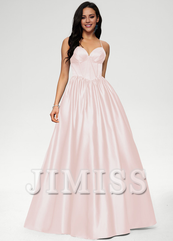 Ball-Gown/Princess V-neck pleated floor-length satin prom dress