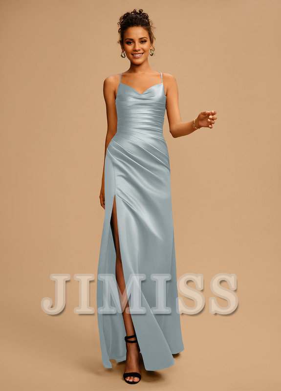 Bodycon/straight V-neck floor-length pleated satin prom dress