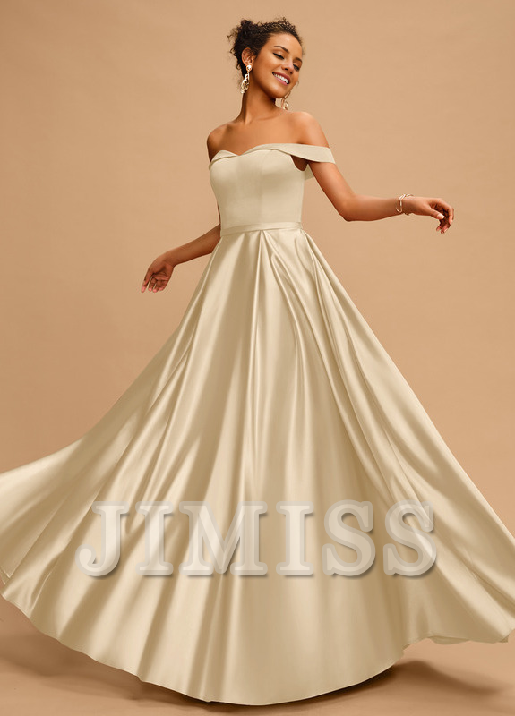 A-line off-the-shoulder floor-length satin prom dress