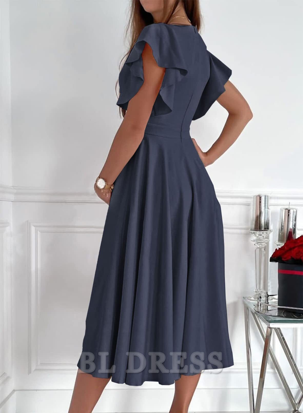 Elegant V Neck Short Sleeve formal dresses Bridesmaid Dresses evening gown Prom Dress