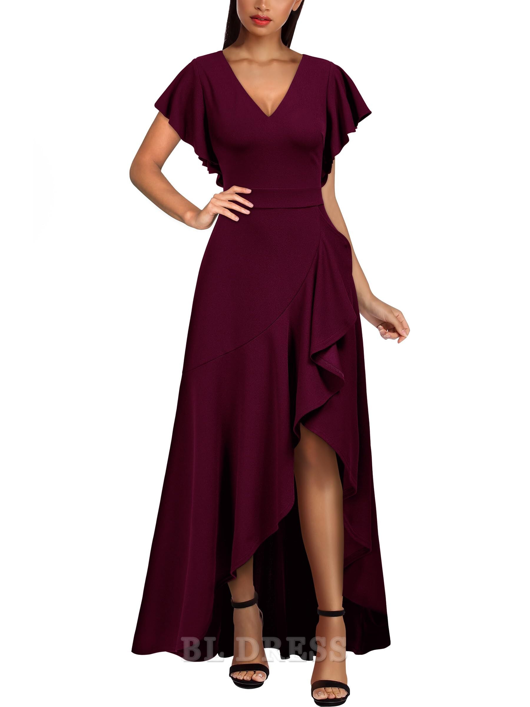 A-line V Neck Ruffle Split formal dresses Bridesmaid Dresses evening gown Prom Dress