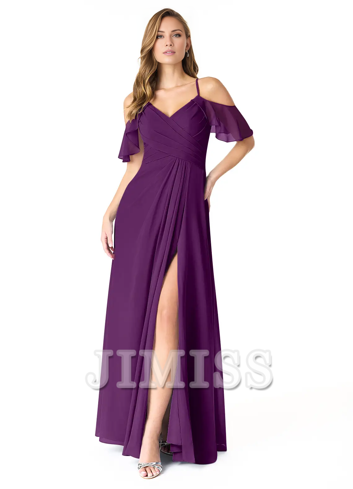 A-line V-neck pleated chiffon side slit and floor length bridesmaid dress - Jimiss Dress