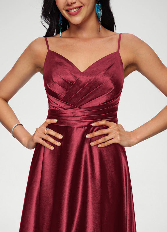 A-line V-neck floor-length satin prom dress