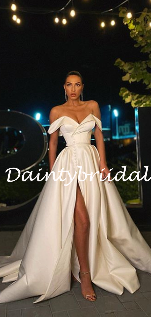 Sexy Off-shoulder Satin Satin Side Slit A-line Prom Dresses Evening Dresses.DB10796