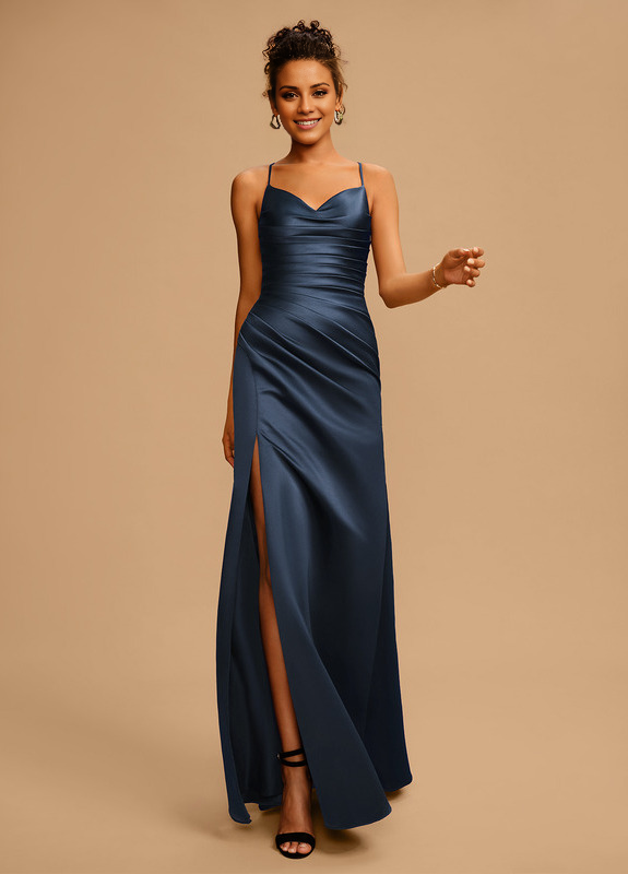 Bodycon/straight V-neck floor-length pleated satin prom dress