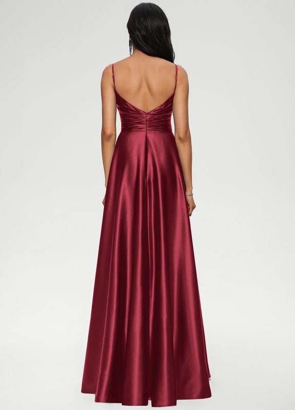 A-line V-neck floor-length satin prom dress