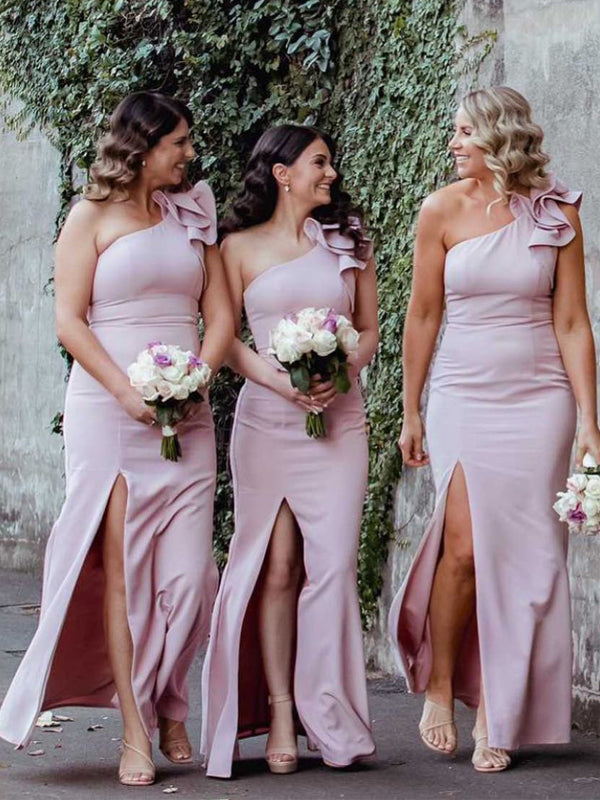Elegant One-shoulder Mermaid Side Slit Long Bridesmaid Dresses Online.DB10845