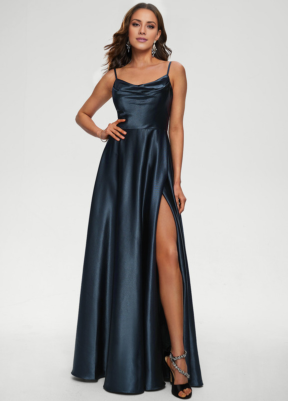 A-line draped floor-length satin prom dress