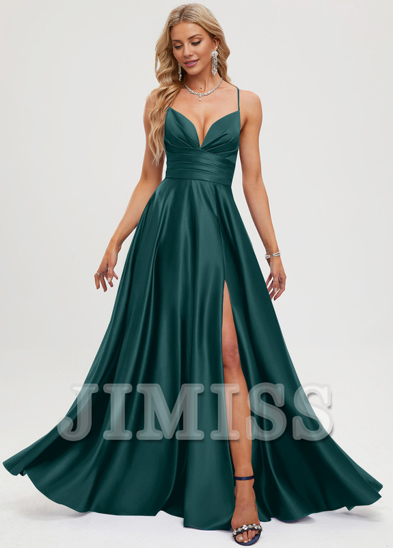 A-line V-neck pleated floor-length satin prom dress