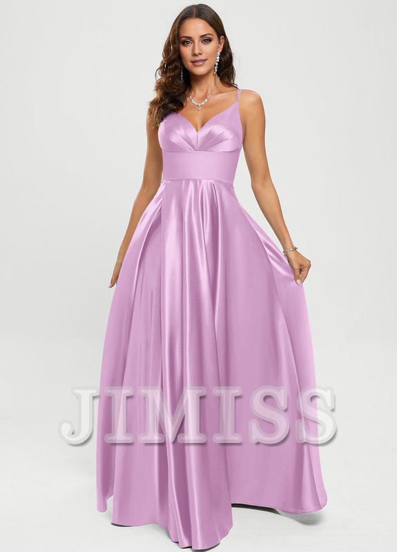 A-line V-neck floor-length satin prom dress