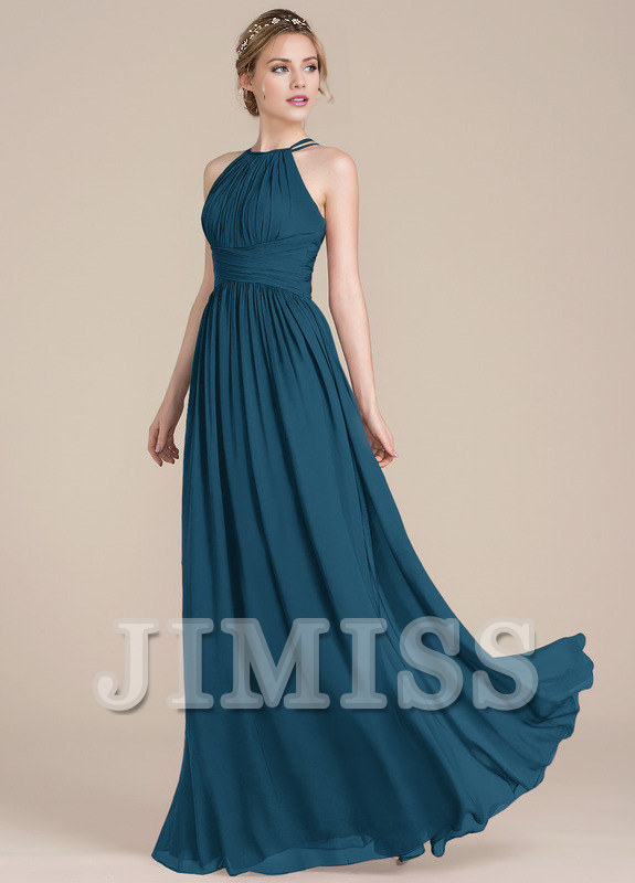 Ruffled A-line scoop neck floor-length chiffon prom dress