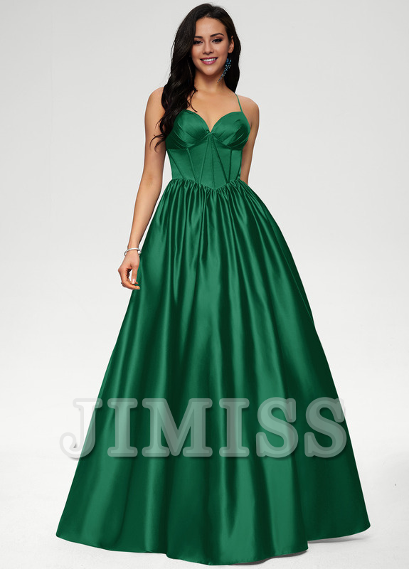 Ball-Gown/Princess V-neck pleated floor-length satin prom dress