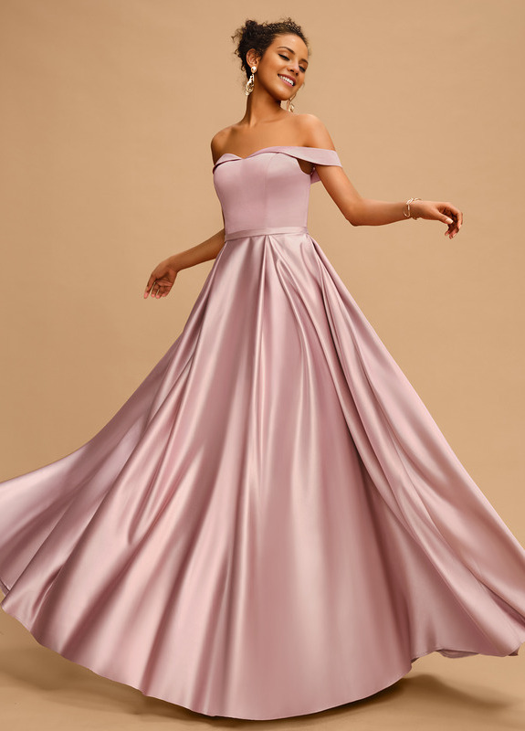 A-line off-the-shoulder floor-length satin prom dress