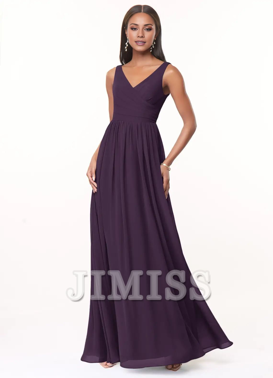 A-line V-neck pleated chiffon and floor length bridesmaid dress - Jimiss Dress