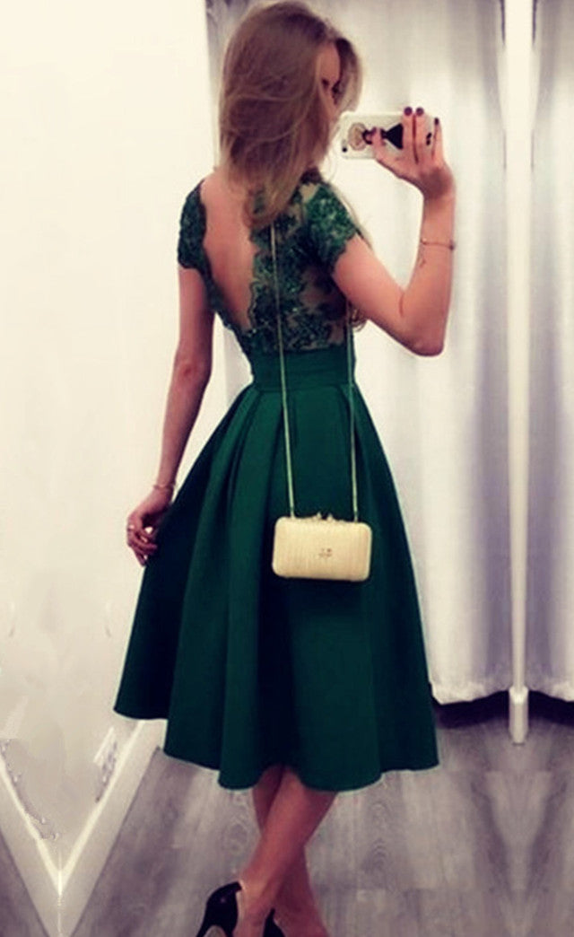 Modest Cap Sleeves Satin Tea Length Bridesmaid Dresses Lace Appliques