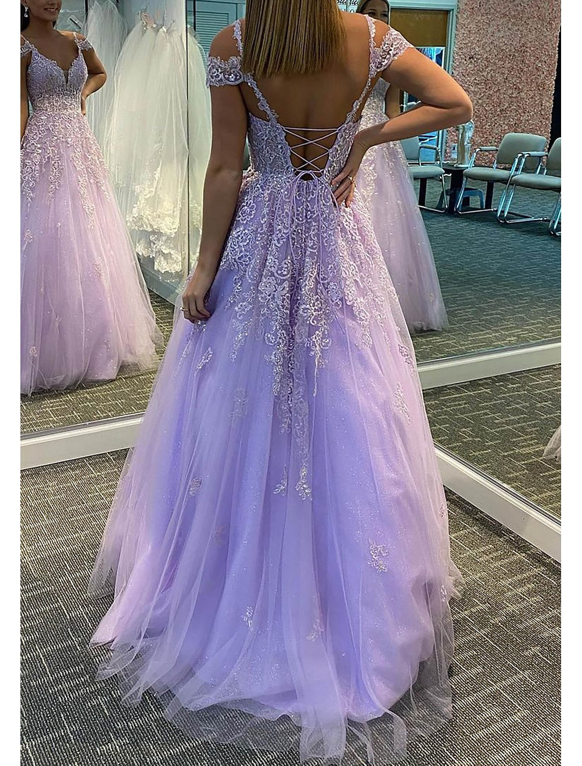Aimishang A-Line Prom Dresses Dress For Formal Dresses Gowns Evening Dresses Wedding Guest Floor Length Sleeveless V Neck Tulle Backless with Pleats Appliques