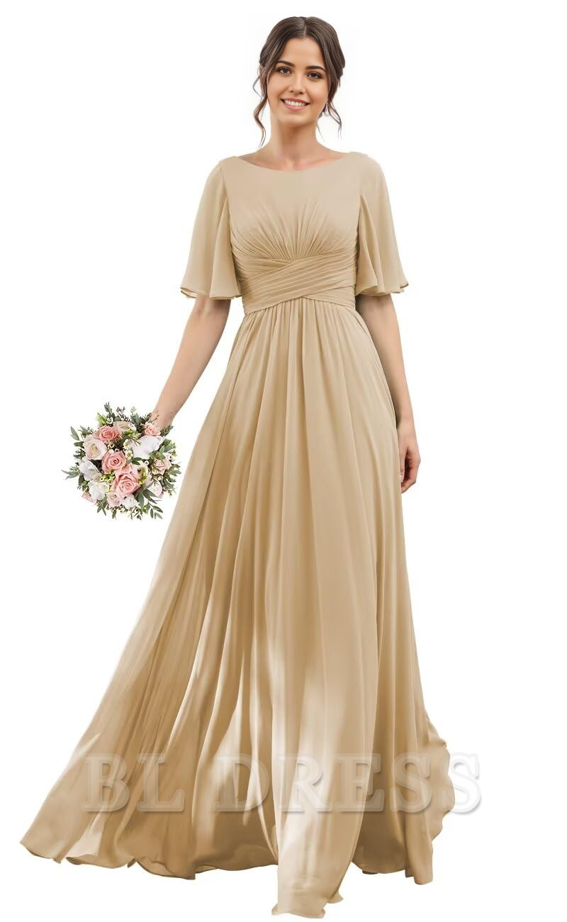 A-Line Scoop Neck Sleeve Chiffon formal dresses Bridesmaid Dresses evening gown Prom Dress with Slit