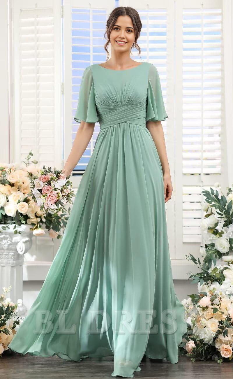 A-Line Scoop Neck Sleeve Chiffon formal dresses Bridesmaid Dresses evening gown Prom Dress with Slit
