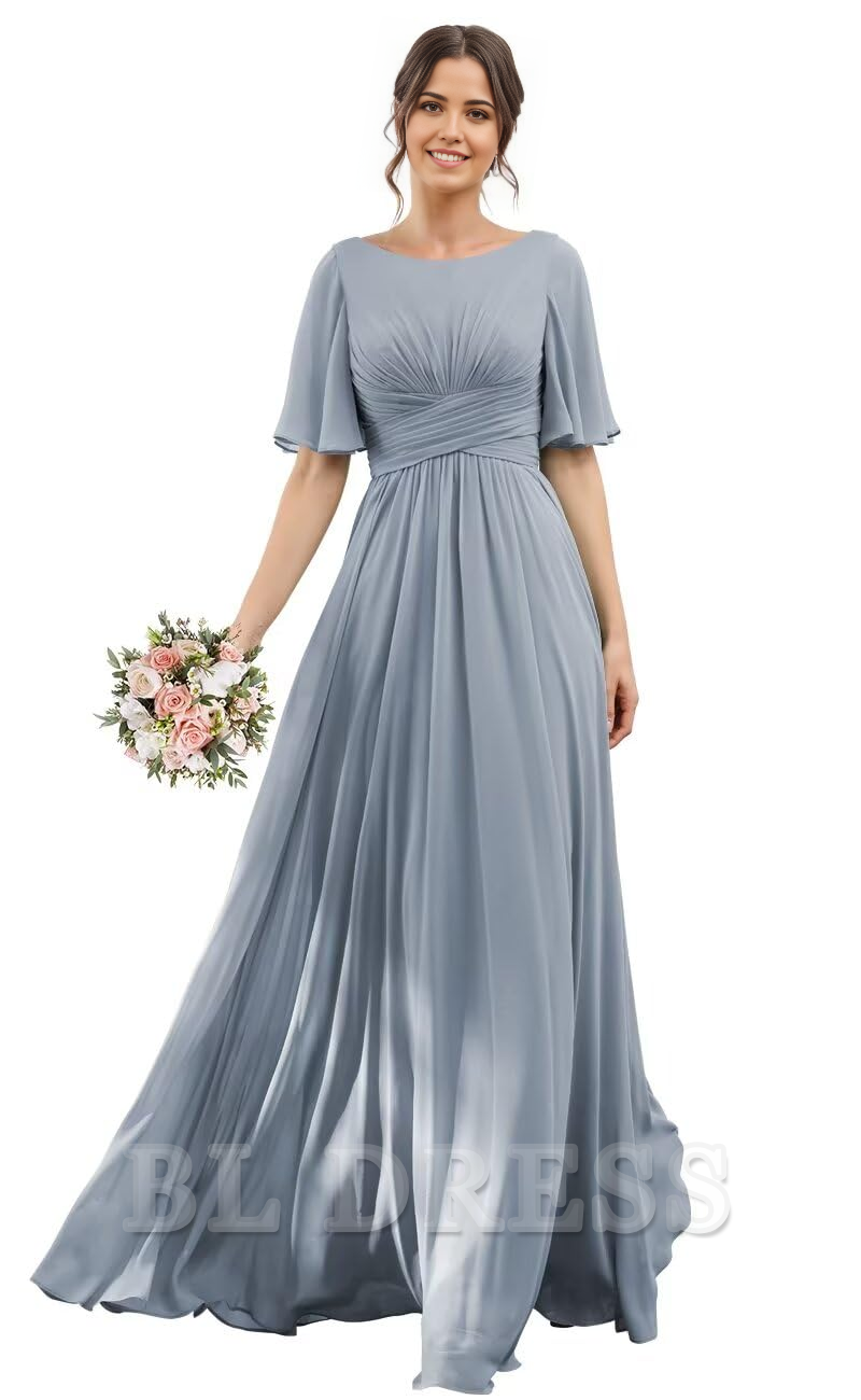 A-Line Scoop Neck Sleeve Chiffon formal dresses Bridesmaid Dresses evening gown Prom Dress with Slit