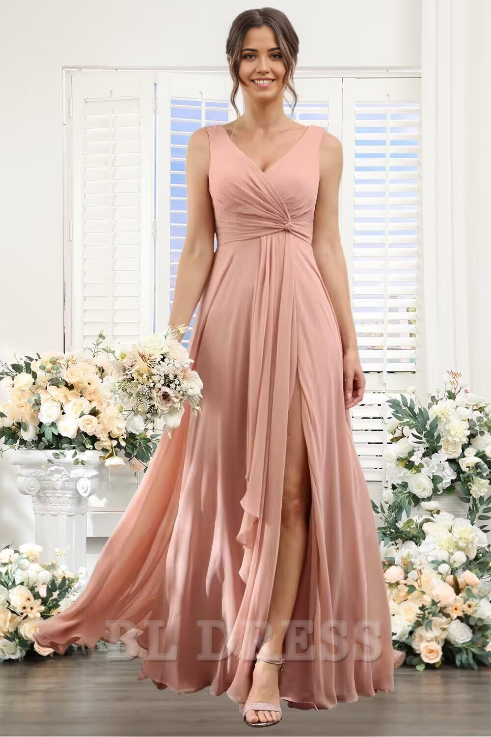 A-line V-Neck Ruffles Long Chiffon formal dresses Bridesmaid Dresses evening gown Prom Dress with Slit