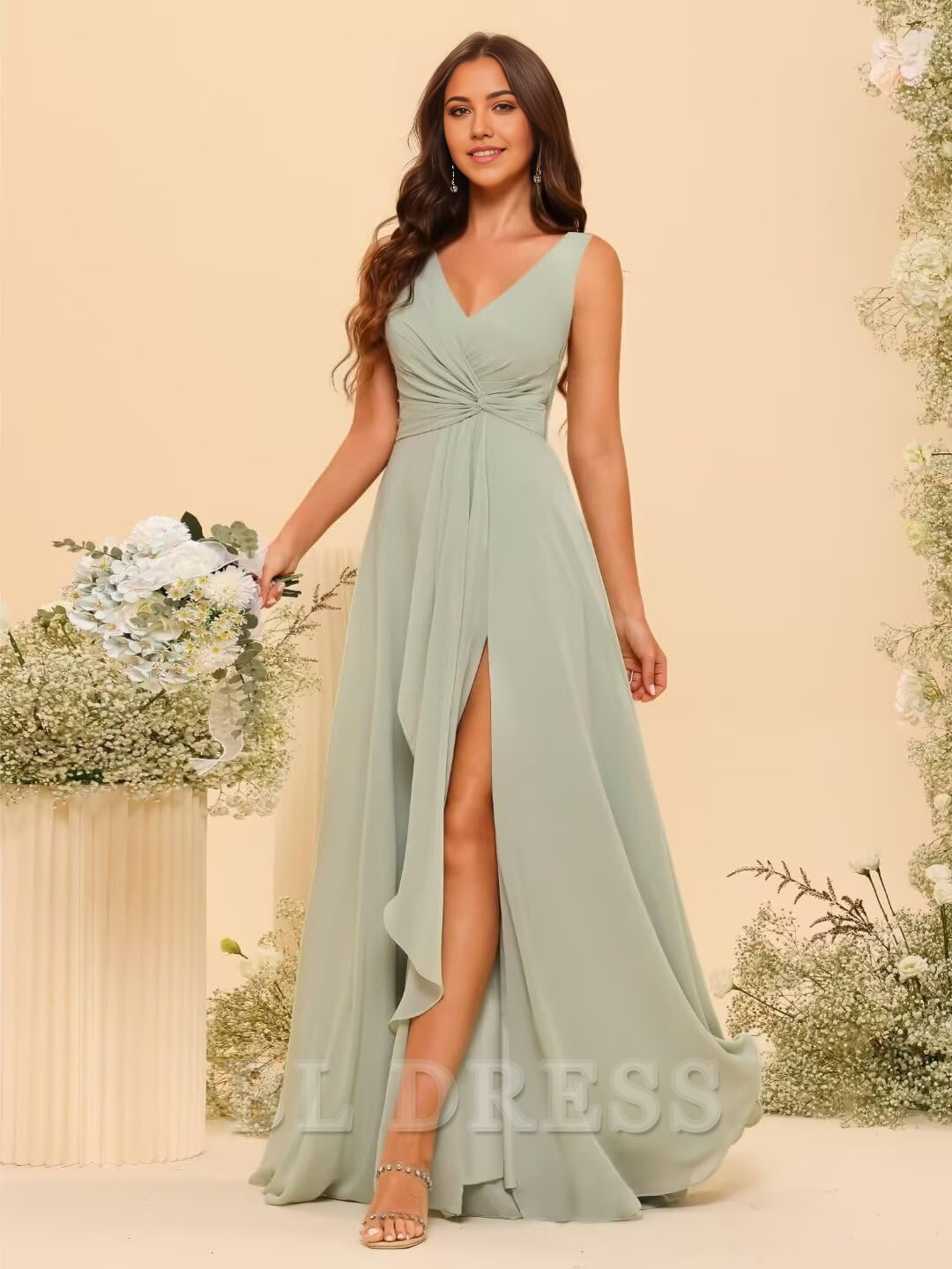 A-line V-Neck Ruffles Long Chiffon formal dresses Bridesmaid Dresses evening gown Prom Dress with Slit