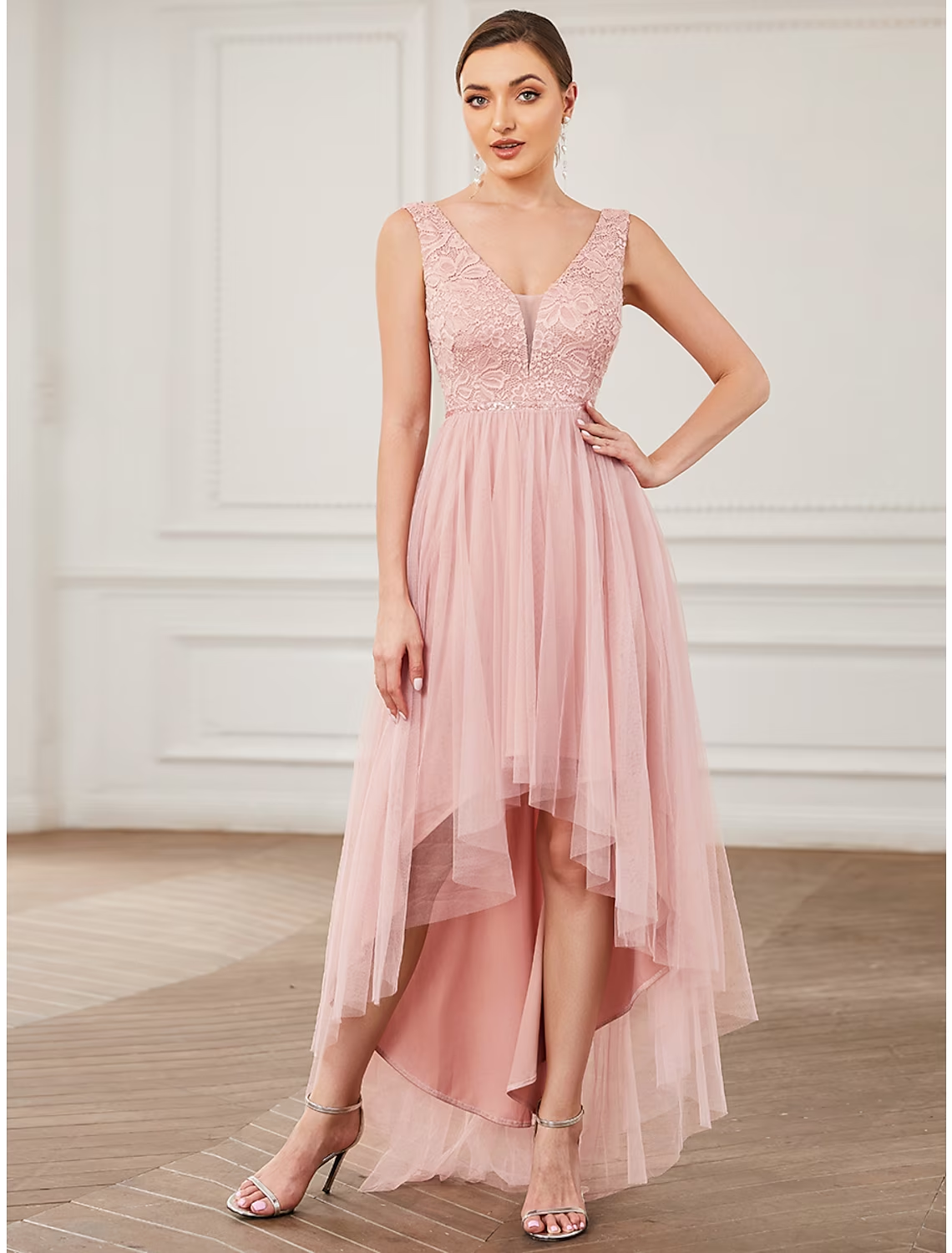 A-Line Bridesmaid Dress V Neck Sleeveless Elegant Short / Mini Lace / Tulle with Draping